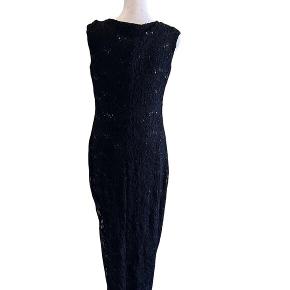 Lauren Ralph Lauren Evening Dress Gown Sequin Black SZ8 Slide Slit Drop Neck - Picture 2 of 10